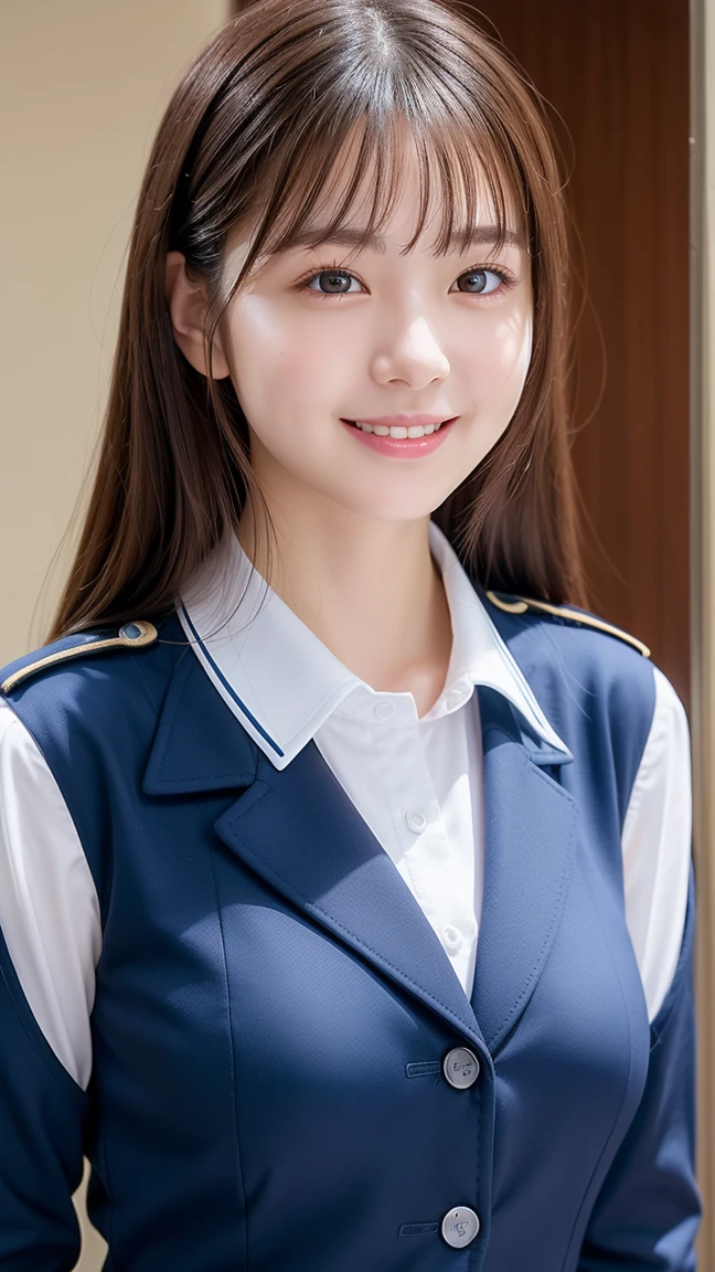 big, ponytail, navy blue tie, navy blue skirt, light blue shirt, uniform, gravure idol, waterside, wet, smile