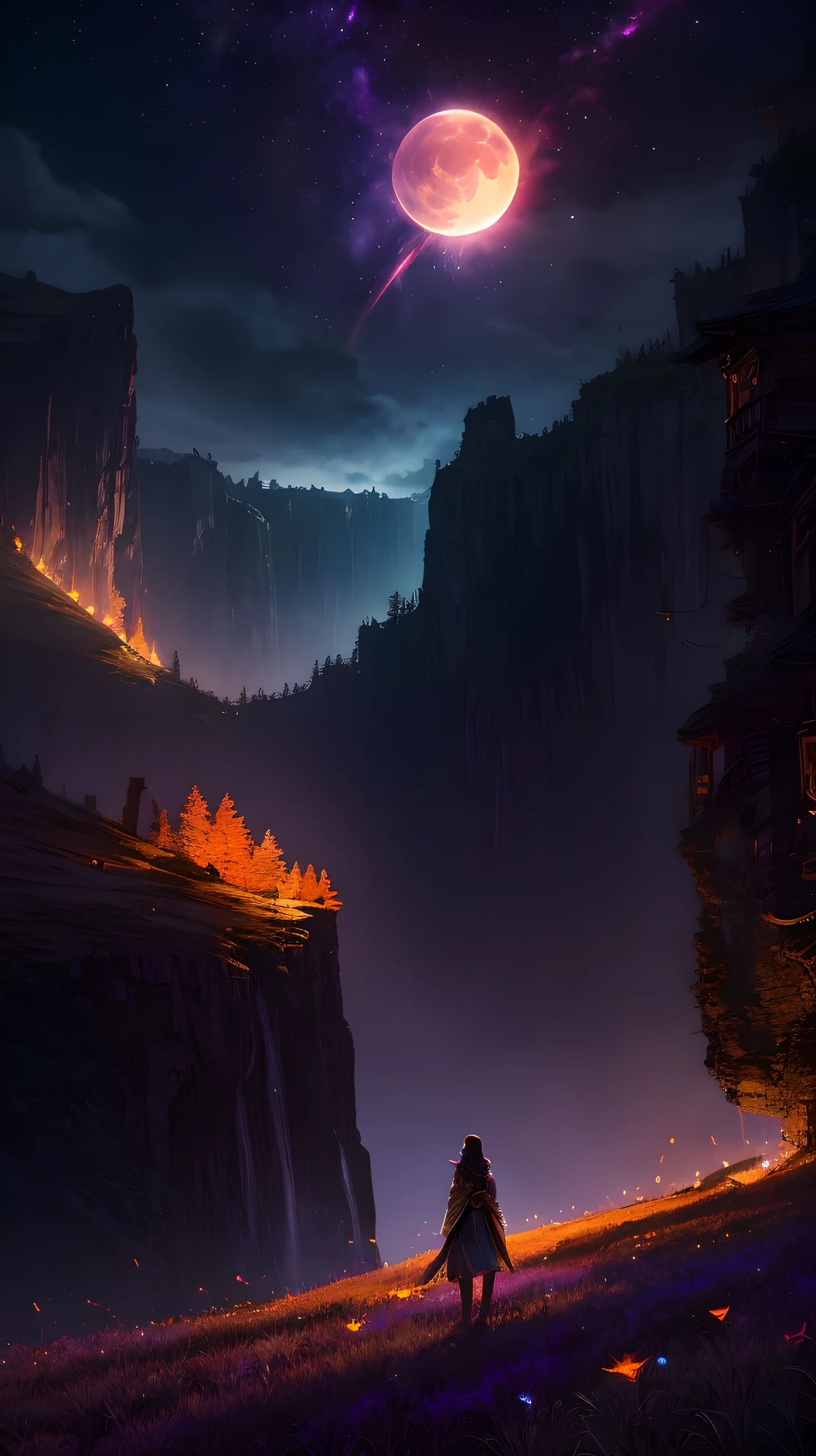 Wide-ranging landscape photos, (A view of the sky and wilderness from below), Lawyer standing in a flower field,Look up at the sky, (Full Moon: 1.2), (Meteor: 0.9), (nebula: 1.3), Distant Mountains, Tree BREAK Production Art, (Warm light source: 1.2), (firefly: 1.2), lamp, Purple and Orange, Intricate details, Volume LightingBREAK (masterpiece: 1.2), (best quality ), 4K, Extremely detailed, (Dynamic Configuration: 1.4), Rich in details、rich and colorful (rainbow: 1.2), (Shining lamp light, Atmospheric lighting), Dreamy, magic, (solitary: 1.2)