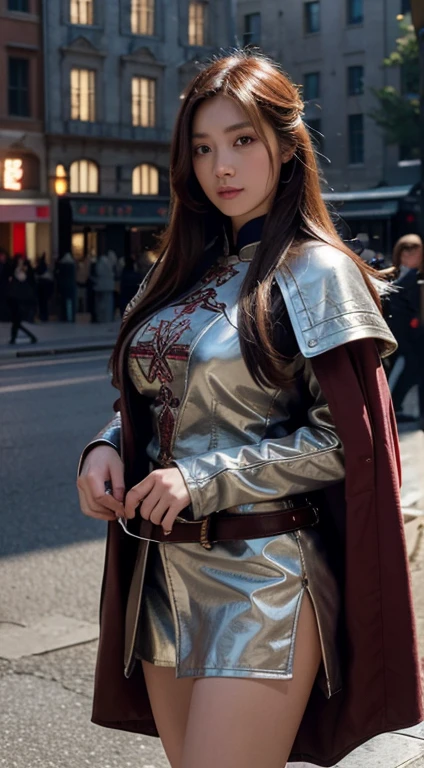 23-year-old Taiwanese beauty, Solo singer, cool, A perfect interpretation of a European fantasy medieval knight.. She has naturally large breasts and perfect proportions.. She was wearing the uniform of a Hospitaller Knight., overcoat, And long red hair. She looked up at the audience., Holding a large sword in her hand, And standing on a street in medieval Europe. (1 girl: 1.4), (Raw images, Best quality), (TRUE, Photo TRUE: 1.1), Best Best quality, Masterpiece, Beauty and aesthetics, 16k, (HDR: 1.2), High Definition, (vivid color: 1.3), (Soft color, Dull color, Eye-pleasing colors: 0), Lighting systems for cinemas, Surrounding light, Side light, Fine details and textures, Lens movie, Warm tones (Bright and intense: 1.1), Wide Angle Lens, xm887, hyper - TRUEistic illustrations, Shino&#39;s natural proportions, Variable posture, (Precise body and hand anatomy, Fingers and thumbs), (From the top: 1.2)
