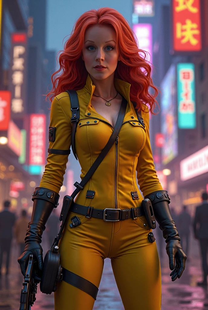 modelshoot style, (extremely detailed CG unity 8k wallpaper), full shot body photo of 20 y.o. scottish girl,red hair, beautiful face, perfect face, (Freckles), cyberpunk room, screens on wall,(((detailed face))), ((kneeling on a ground in a cyberpunk room)), ((window with cyberpunk city sceen backgound)),finely detailed skin, (cinematic lighting), morning, soft lighting, dynamic angle, (detailed face:1), dark yellow jacket, medium breasts, cleavage, full body,