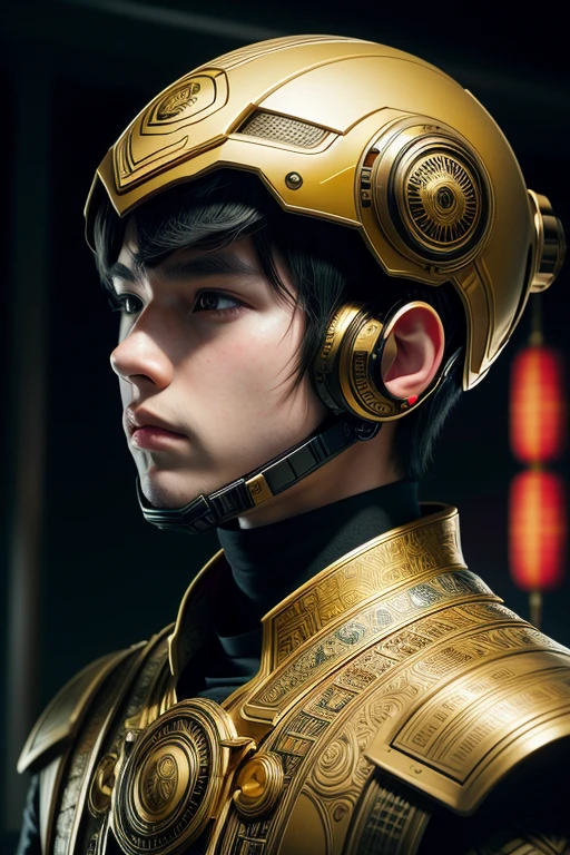 (high quality), (masterpiece), (hyper-realistic), 8K, Captivating portrait depicts (young Japanese boy1.4) in a (futuristic blend of modern and Vietnamese fantasy attire1.3), his upper body framed against a (backdrop shrouded in a sleek, technological aura1.2). The (intricate details1.4) of his costume and (intense, focused gaze1.3) command the viewer's attention, creating a sense of (immersive realism and technological wonder1.4). Trending on Artstation.