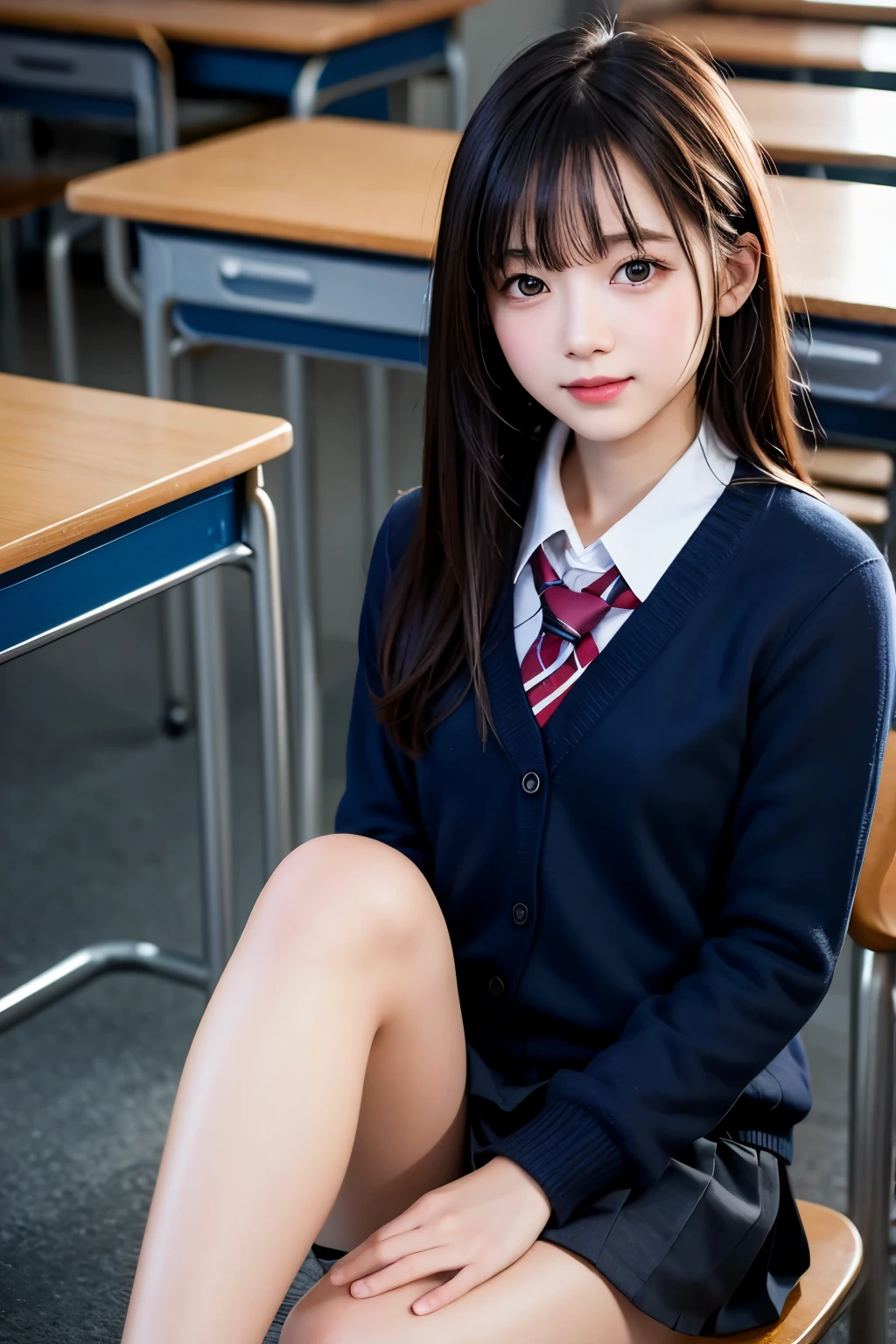 A close-up shot of the busty high school girl sister from below.、She is sitting on a chair with her legs wide open in the classroom, masturbating and seducing herself while wearing a school uniform and stockings.