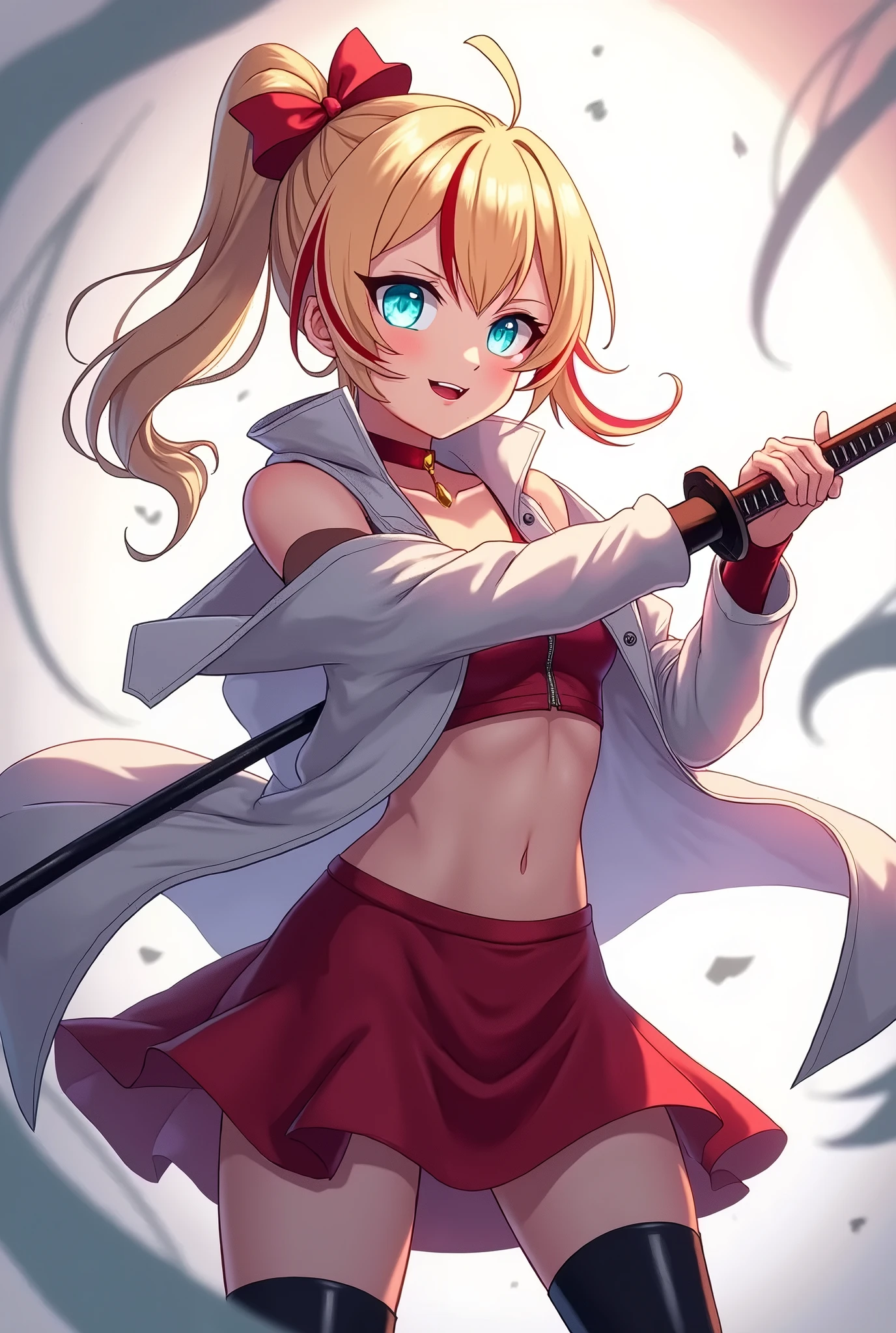anime girl with a sword and a red dress holding a sword, natalie from epic battle fantasy, pinup. lord of daggers, anime in fantasy style, fan art, guilty gear art style, cel - shaded art style, , v from devil may cry as an elf, cushart kenz, inspired by Masamune Shirow, blonde - haired princess