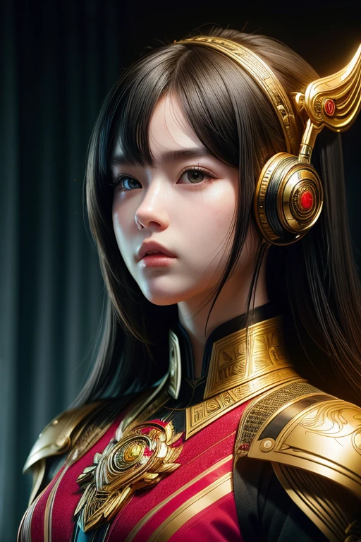 (high quality), (masterpiece), (hyper-realistic), 8K, Captivating portrait depicts (young Japanese girl1.4) in a (futuristic blend of modern and Vietnamese fantasy attire1.3), her upper body framed against a (backdrop shrouded in a sleek, technological aura1.2). The (intricate details1.4) of her costume and (pensive, thoughtful expression1.3) command the viewer's attention, creating a sense of (immersive realism and technological wonder1.4). Trending on Artstation.