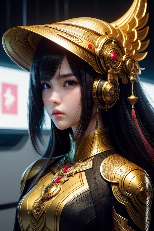 (high quality), (masterpiece), (hyper-realistic), 8K, Captivating portrait depicts (young Japanese girl1.4) in a (futuristic blend of modern and Vietnamese fantasy attire1.3), her upper body framed against a (backdrop shrouded in a sleek, technological aura1.2). The (intricate details1.4) of her costume and (pensive, thoughtful expression1.3) command the viewer's attention, creating a sense of (immersive realism and technological wonder1.4). Trending on Artstation.