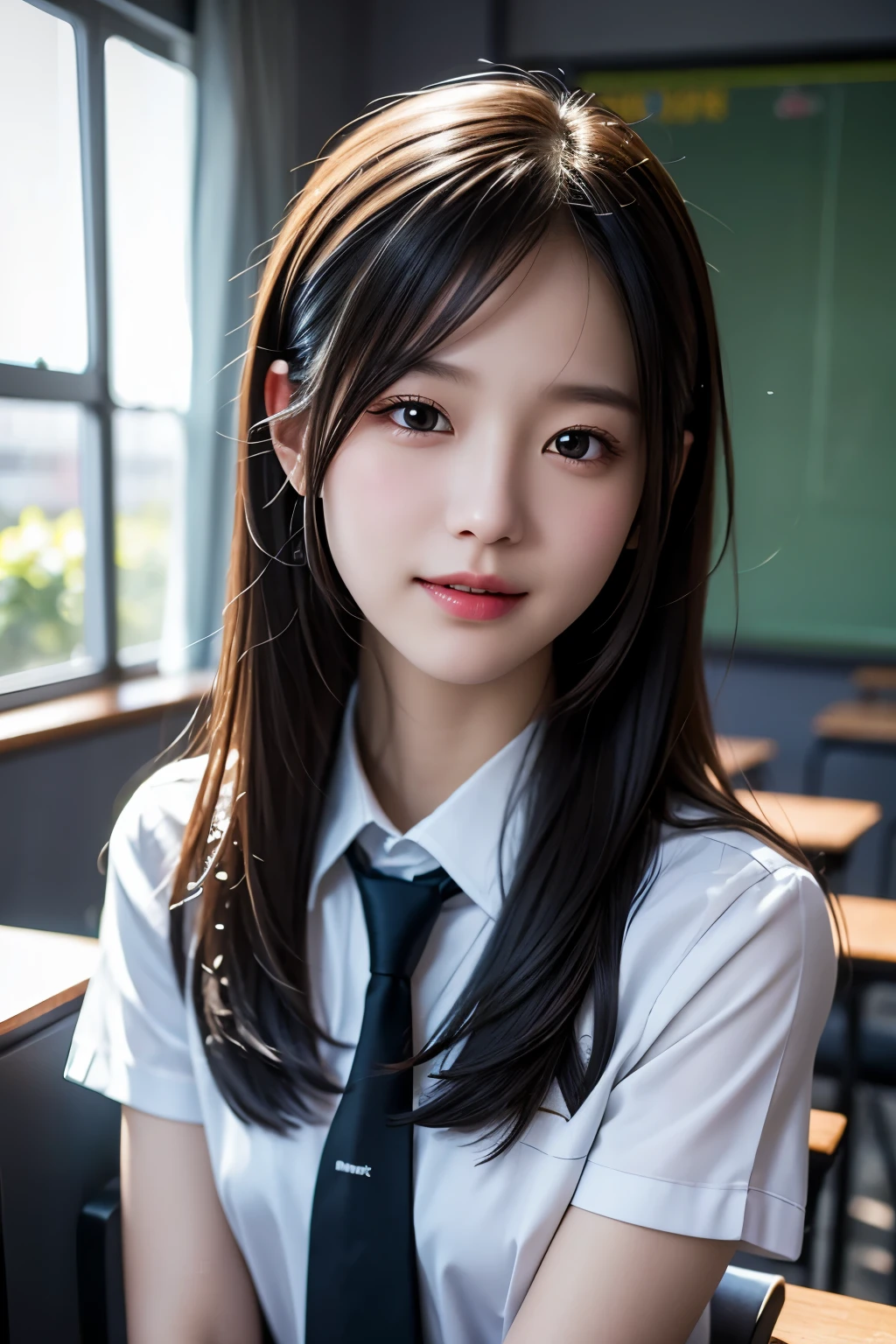 a closeup, ​masterpiece, top-quality, Raw foto, Photorealsitic, A smile, beautiful a girl, cute little, length hair, depth of fields, hight resolution, ultra-detailliert, detaile, extremely detailed eye and face, Sharp pupils, Realistic pupils, foco nítido, Cinematic lighting、School Uniforms、Sitting on a chair in a classroom、The upper part of the body、