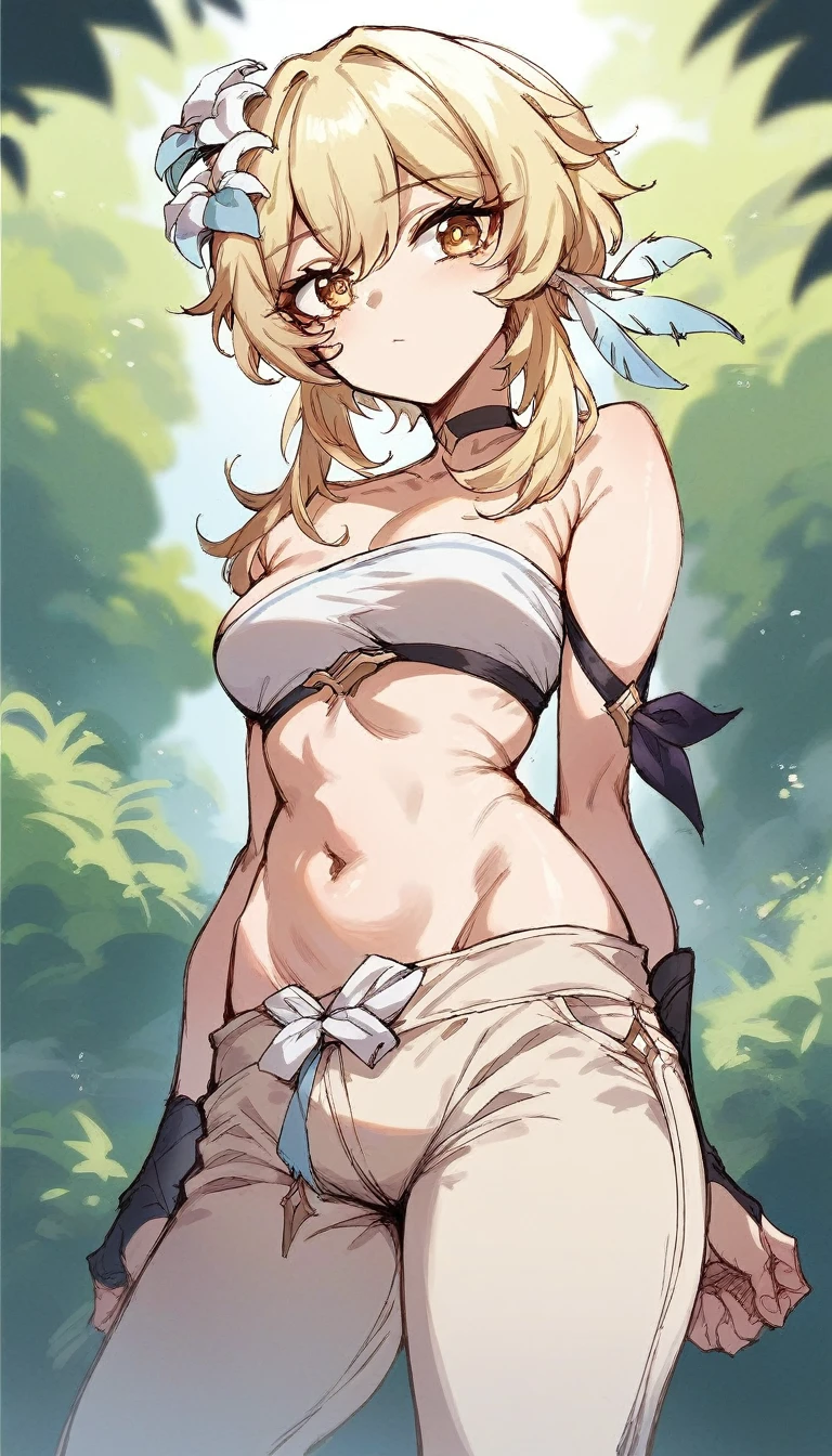 Solo, score_9, score_8_up, score_7_up, girl, Lumine from genshin impact, defined tummy, golden eyes, medium breasts, wearing a bandeau, a black choker and beige pants, standing, whole body.