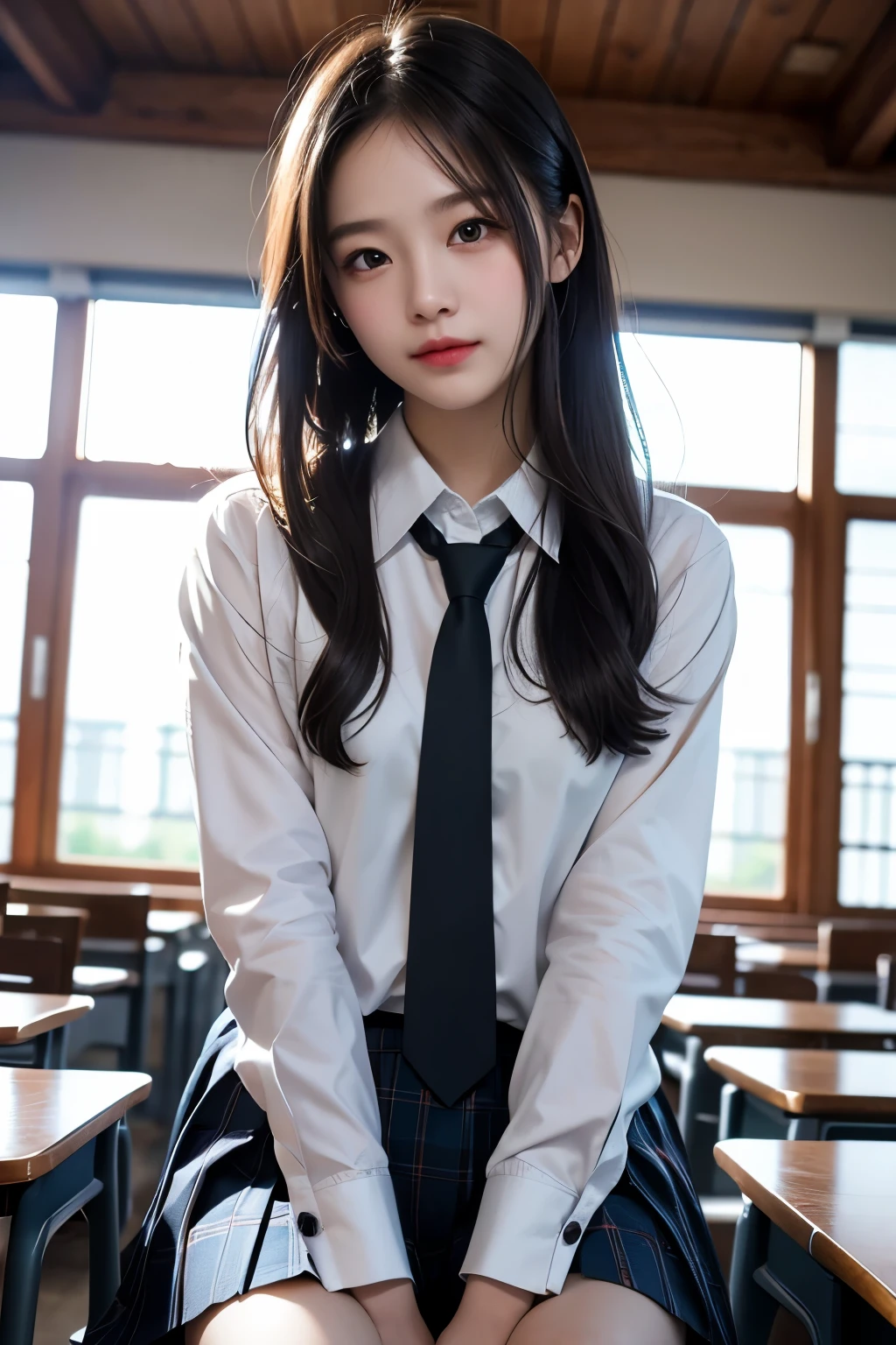 a closeup, masterpiece, top-quality, Raw foto, Photorealsitic, A smile, beautiful a girl, cute little, length hair, depth of fields, hight resolution, ultra-detailliert, detaile, extremely detailed eye and face, Sharp pupils, Realistic pupils, foco nítido, Cinematic lighting、School Uniforms、Sitting on a chair in a classroom、The upper part of the body、