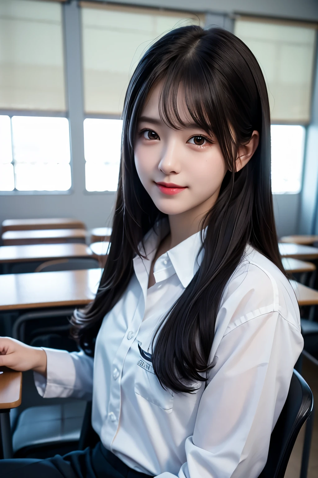 a closeup, ​masterpiece, top-quality, Raw foto, Photorealsitic, A smile, beautiful a girl, cute little, length hair, depth of fields, hight resolution, ultra-detailliert, detaile, extremely detailed eye and face, Sharp pupils, Realistic pupils, foco nítido, Cinematic lighting、School Uniforms、Sitting on a chair in a classroom、The upper part of the body、