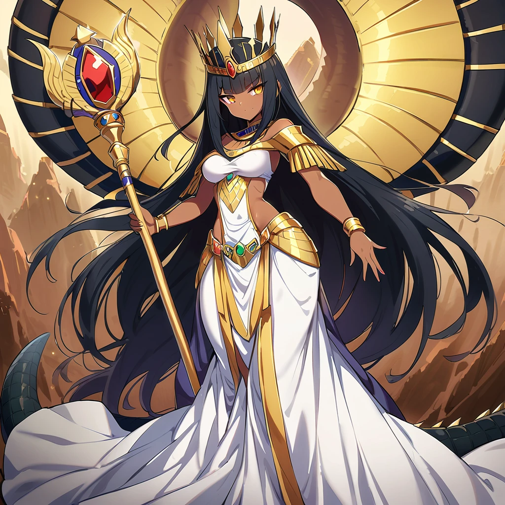 Anime, high detailed, 1 cute pettite girl, small, extremely large long hair, black hair, Egyptian queen, egyptian queen's clothes, egyptian queen's crown, yellow eyes, brown skin, large dress, large tail ((( reptilian tail))), scepter, reptilian wings, evil grin