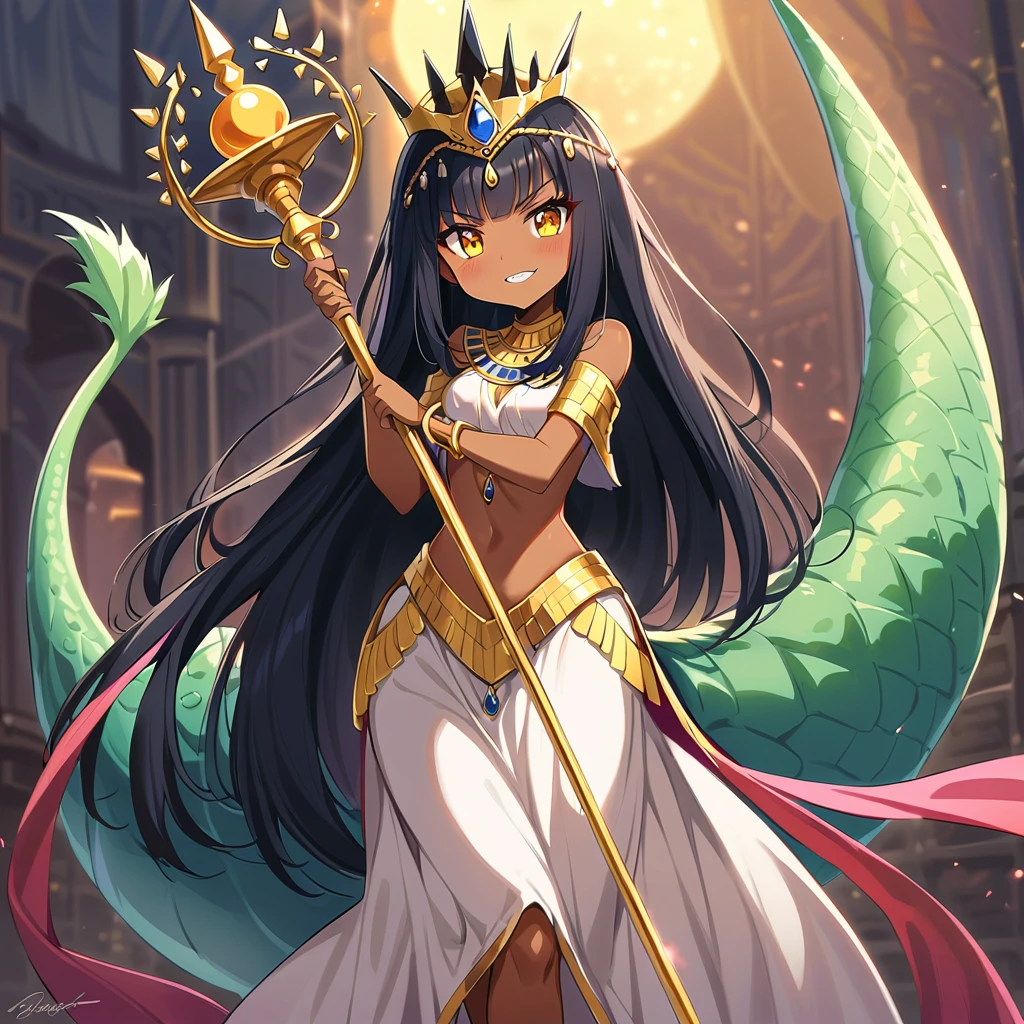 Anime, high detailed, 1 cute pettite girl, small, extremely large long hair, black hair, Egyptian queen, egyptian queen's clothes, egyptian queen's crown, yellow eyes, brown skin, large dress, large tail ((( reptilian tail))), scepter, reptilian wings, evil grin