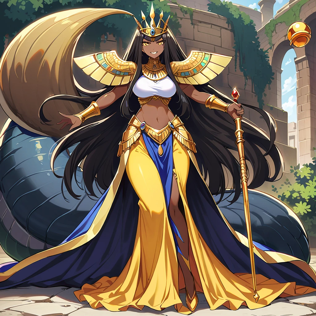 Anime, high detailed, 1 cute pettite girl, small, extremely large long hair, black hair, Egyptian queen, egyptian queen's clothes, egyptian queen's crown, yellow eyes, brown skin, large dress, large tail ((( reptilian tail))), scepter, reptilian wings, evil grin