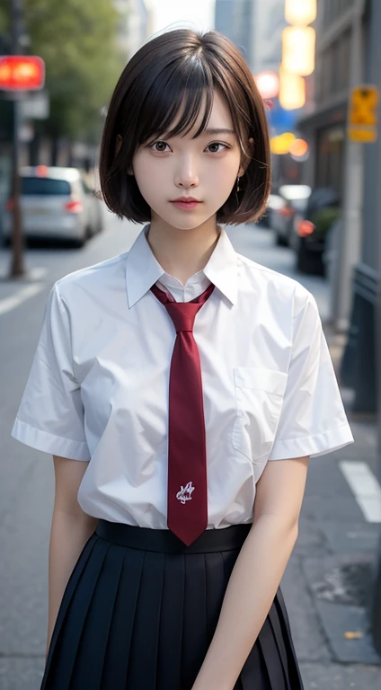 (masutepiece, Best Quality:1.2), 8K, 18year old, 85 mm, Official art, Raw photo, absurderes, White dress shirts, Pretty Face, close up, Upper body, violaceaess, gardeniass, Beautiful Girl, School uniform, Cardigan、 (Navy pleated skirt:1.1), Cinch West, thighs thighs thighs thighs, Short sleeve, Hair over one eye、In the street, Looking at Viewer, No makeup, (Smile:0.6), Film grain, chromatic abberation, Sharp Focus, face lights, clear lighting, Teen, Detailed face, Bokeh background, (dark red necktie:1.1)、medium breasts⁩