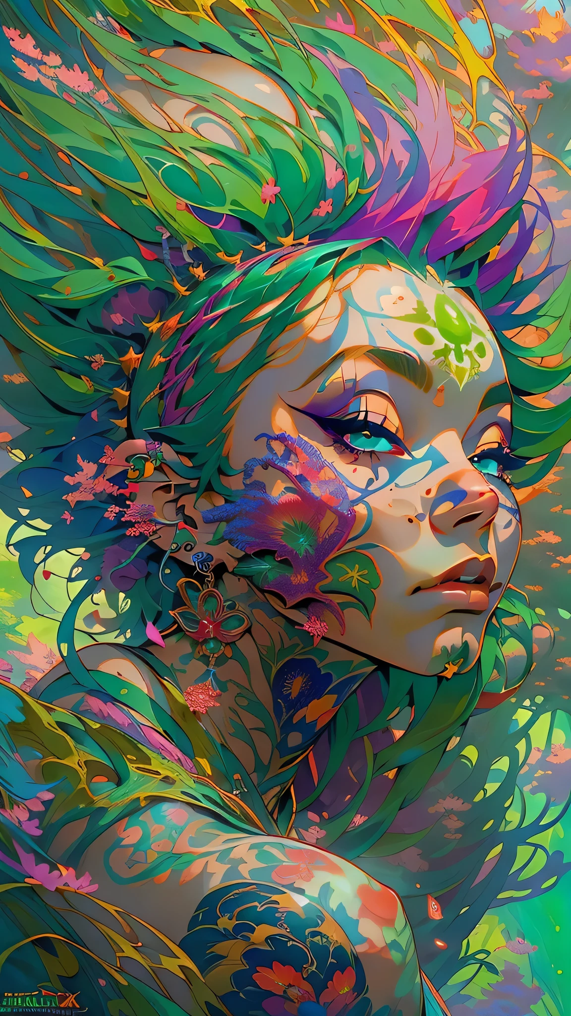 (NSFW:1.4), (masterpiece, top quality, best quality, official art, beautiful, cosmic, atmospheric, psychedelic, dreamlike and aesthetic:1.2), (1girl, green punk rock mohawk hair, tons of tattoos and piercings, super huge enormously gigantic tits), extreme detailed,(fractal art:1.3),colorful,highest detailed, cherry blossoms and butterflies blowing in the wind 