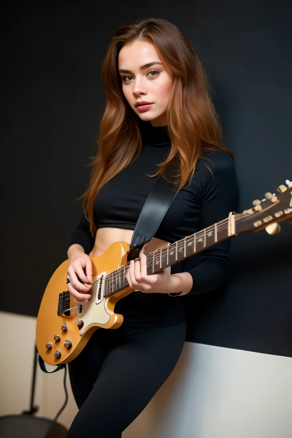 ((best quality)), ((masterpiece)), (detailed), perfect face realistic photo of beautiful woman with long ginger hair, Russian, influencer, light freckles, dark brown eyes, big lips, no makeup, ((playing Guitar)), insagram, standing next to black wall, yoga outfit