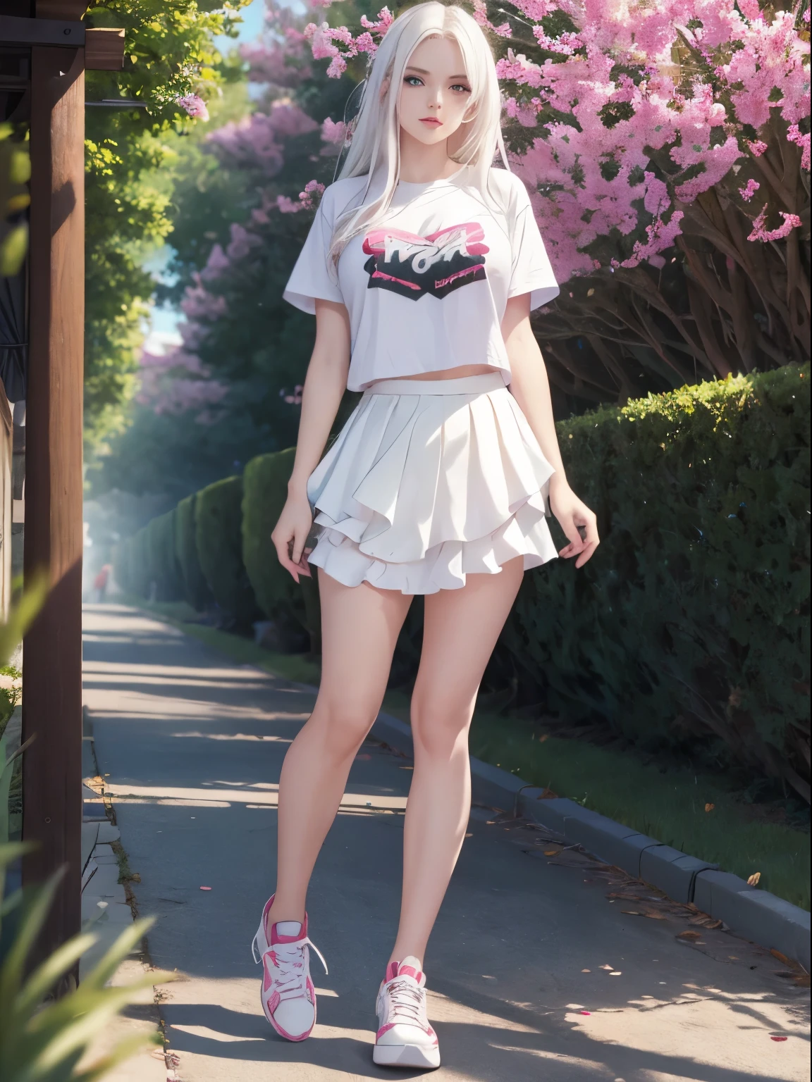 full body, solo, 1girl, looking ahead, smile, blush, t-shirt, medium breasts, foggy atmosphere, Inca Lily \(flower\), alleyway <lora:Kincora_style_v03.1:1>