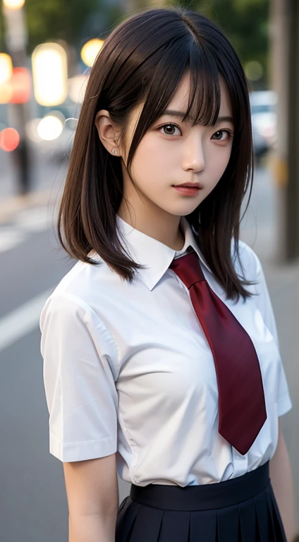 (masutepiece, Best Quality:1.2), 8K, 18year old, 85 mm, Official art, Raw photo, absurderes, White dress shirts, Pretty Face, close up, Upper body, violaceaess, gardeniass, Beautiful Girl, School uniform, Cardigan、 (Navy pleated skirt:1.1), Cinch West, thighs thighs thighs thighs, Short sleeve, Hair over one eye、In the street, Looking at Viewer, No makeup, (Smile:0.6), Film grain, chromatic abberation, Sharp Focus, face lights, clear lighting, Teen, Detailed face, Bokeh background, (dark red necktie:1.1)、medium breasts⁩