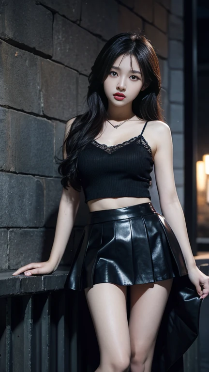 black-leather-shorts-syogi, shorts, lace, black thighhighs, see thru top, midriff (night), iridescence, In the park under the moonlight,A beautiful girl sitting among the flowers,Surrounded by blooming flowers and fluttering butterflies。Girl's cleavage is visible,The body leans back,Support your body with your elbows,Showing an elegant and seductive posture。She has a very beautiful、Well-proportioned legs,Anatomically correct。The girl's face is delicate,Bathed in the soft moonlight,The whole scene is filled with atmospheric lighting effects。Dramatic lighting creates a cinematic atmosphere。The bright smile on the girl's face adds a touch of fantasy。