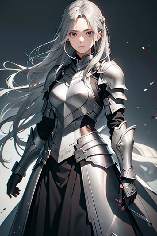 female, gray hair, gray eyes, medium-length hair, armor, 170 cm, A quiet woman, Expressionless, Chic, tough, Attention!