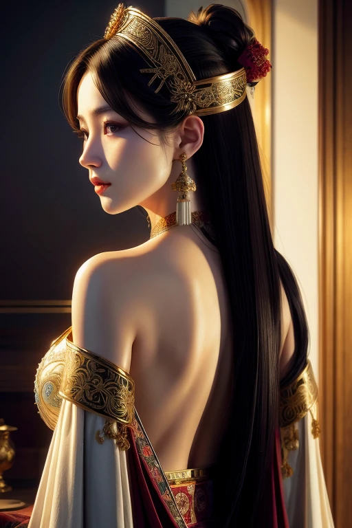 (high quality), (masterpiece), (detailed), 8K, Hyper-realistic portrait of (Korean woman1.2) wearing (traditional fantasy attire1.2) with intricate (embroidered patterns1.2) and (delicate accessories1.2). Her (long black hair1.2) cascades down her back, and her (piercing brown eyes1.2) seem to hold a deep (mystical energy1.2). The (soft, golden lighting1.2) illuminates her (smooth, porcelain skin1.2), creating a sense of (serene elegance1.2).