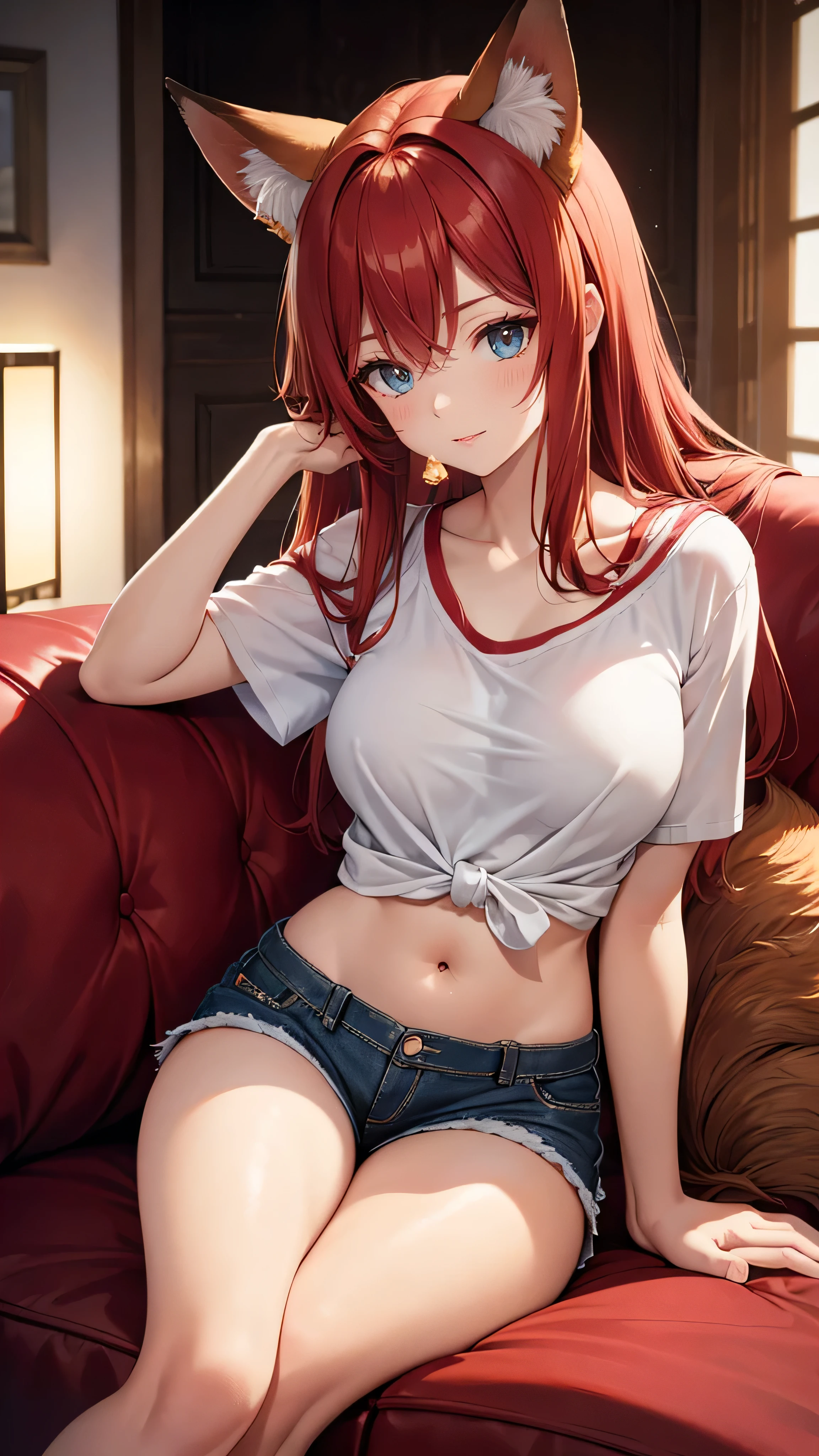 A cute 21-year-old fox-girl with long, flowing red hair, soft fox ears, a fluffy fox tail, and bright blue eyes. She is sitting barefoot on a cozy couch, wearing a casual t-shirt and short shorts. Her girlfriend has romantically tied her with soft ropes, gently binding her arms and legs to the couch. She is also gagged with a thick white cloth, tightly wrapped around her mouth. The setting is a warmly lit room with candles creating a romantic, intimate atmosphere. Her expression is one of trust and comfort, enhancing the tender mood between them, over the nose gag