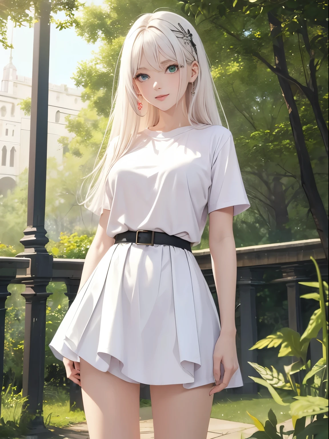 ((masterpiece)),((Best quality)), beautiful woman, white hair, long layered hair, (pastel colors), (detailed face), green eyes, red lips, smiling, pink t-shirt with black lines, fitted t-shirt,(perfect body), medium breasts, slim waist, white plain skirt, skirt above the knees, slim legs, white sneakers, In a park, Snowing, standing, full length portrait, (pastel colors), looking at viewer,