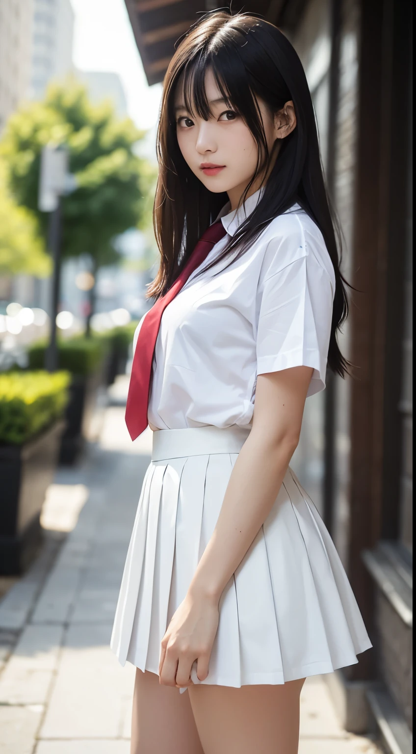 Japanese high school girl, smiling face, young face, long black hair, long straight black hair, red hairband, white short-sleeved blouse, red ribbon decoration on collar, brown and black checkered pleated skirt, black socks, dark brown loafers, standing in front of a large park, a rose flowerbed, a full moon night, a starry night, a nostalgic view
