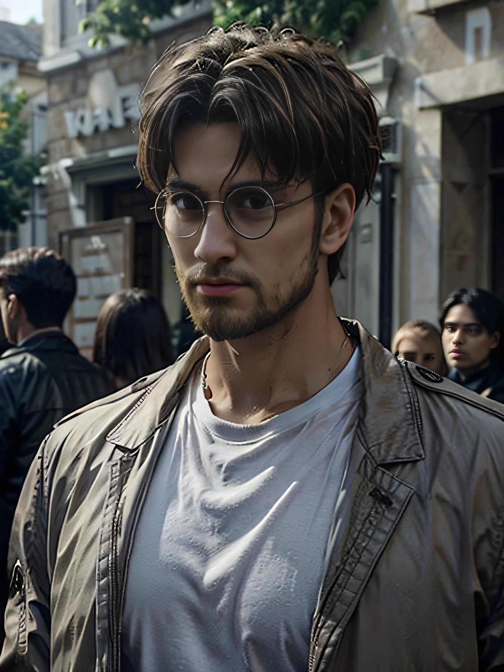 zeke jaeger, short hair, blonde hair, shirt, black hair, jacket, white shirt, male focus, glasses, solo focus, collared shirt, blurry, looking at another, facial hair, beard, brown jacket, scene reference,,