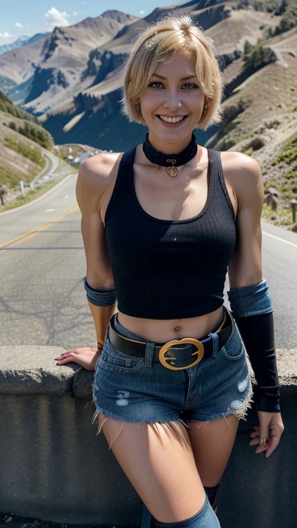 Blonde muscular fitness woman. Short blonde hair. Blue eyes. Evil smile. She is wearing a black top with long sleeves and stripes. Over it, she has a denim vest. She is also wearing a denim miniskirt, black leggings, and brown boots. Black belt with a gold buckle. On a mountain road

