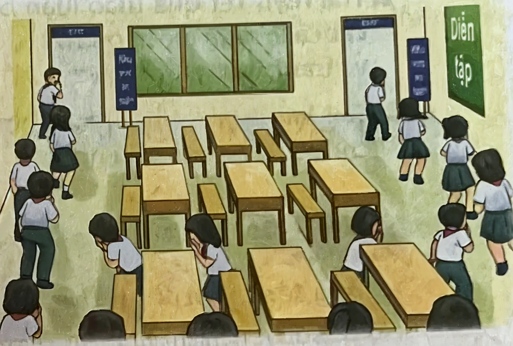 Nudist squatting child model woman、Lots of elementary school boys who are friends and stand shoulder to shoulder、surround each other'face、laughter and joy、Long shot recording video、fun、dynamic angle