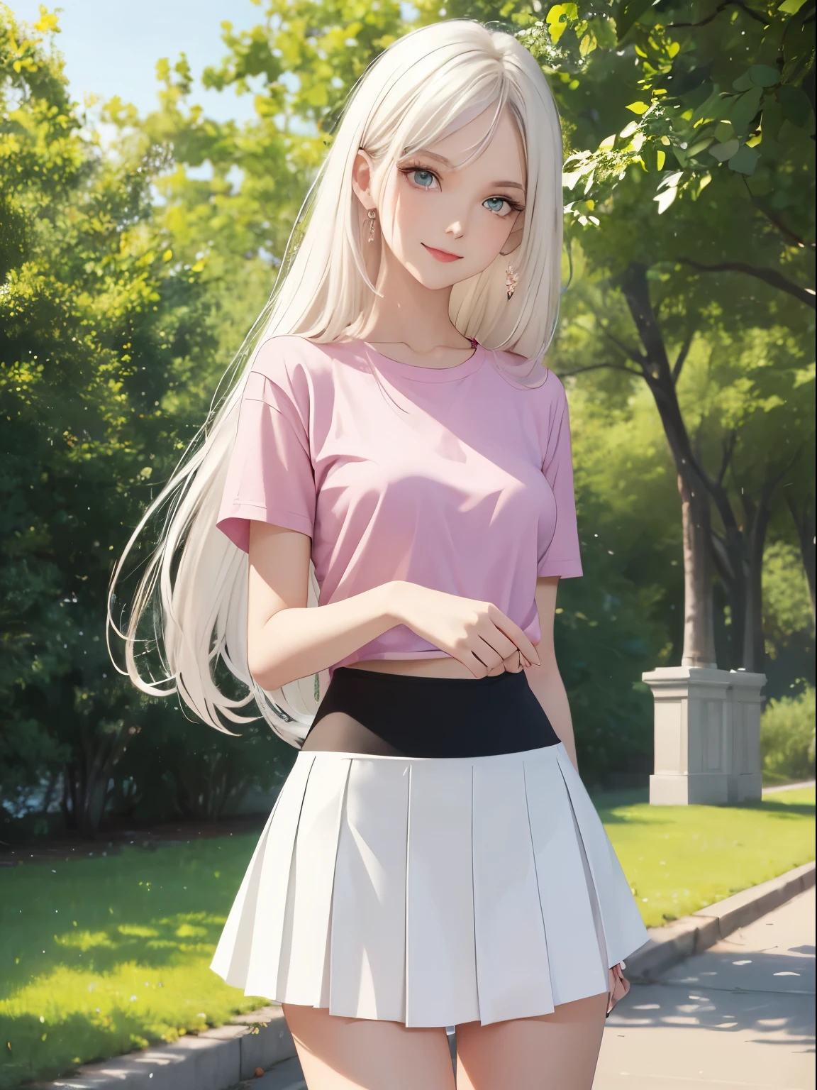 ((masterpiece)),((Best quality)), beautiful woman, white hair, long layered hair, (pastel colors), (detailed face), green eyes, red lips, smiling, pink t-shirt with black lines, fitted t-shirt,(perfect body), medium breasts, slim waist, white plain skirt, skirt above the knees, slim legs, white sneakers, In a park, Snowing, standing, full length portrait, (pastel colors), looking at viewer,