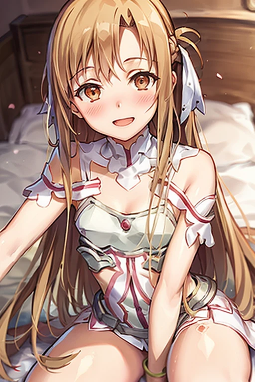 ((Best Quality)), ((masterpiece)), (be familiar with), Perfect Face, indoor, bedroom, Watching the audience,
One woman, Yuuki Asuna,
Open Mouth, Ecstatic expression, blush, smile,
Small breasts, Flat Chest, , , child, Girl,
Long Hair, Long Hair,
Leg spread,