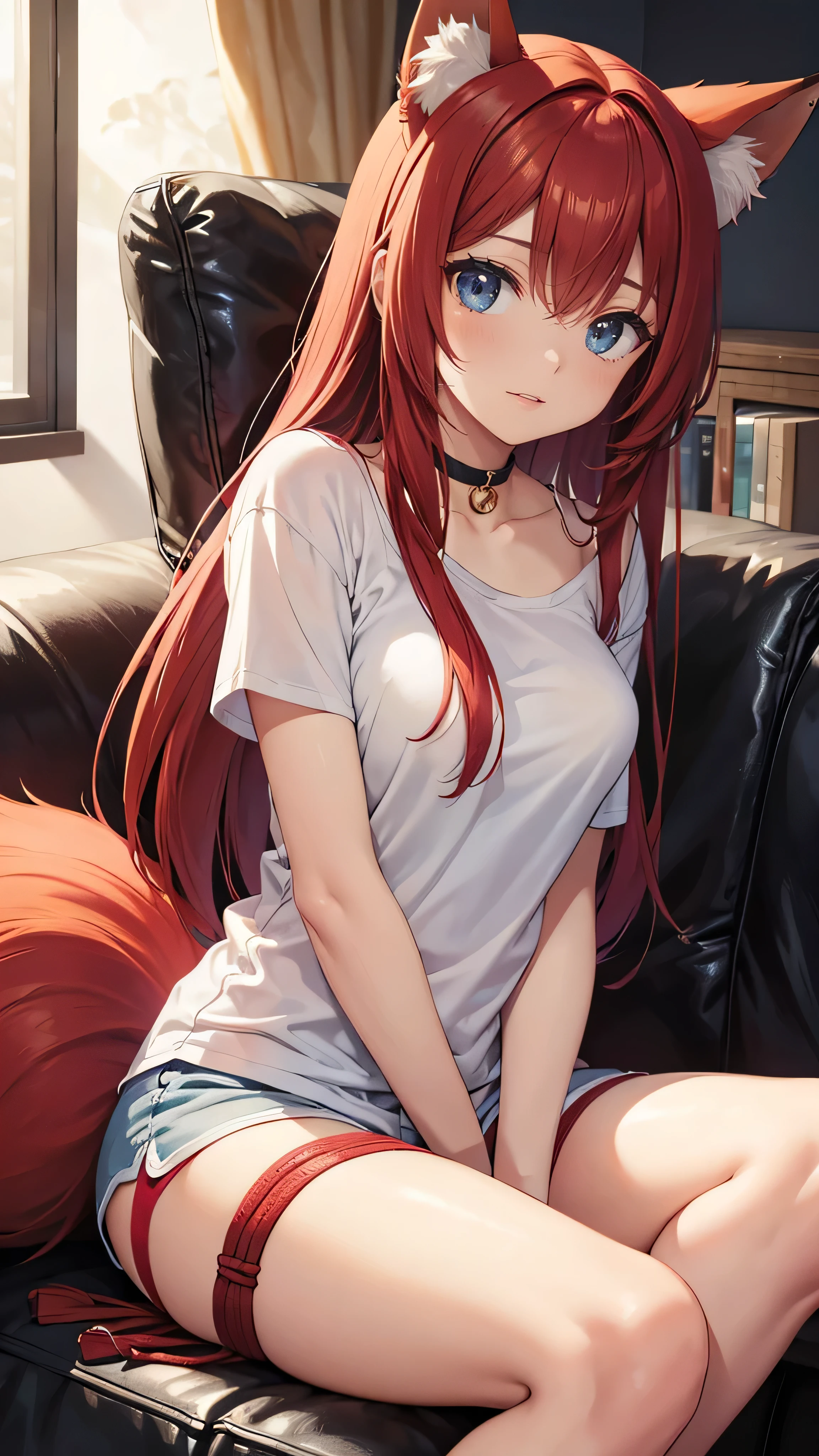 A cute 21-year-old fox-girl with long, flowing red hair, soft fox ears, a fluffy fox tail, and bright blue eyes. She is sitting barefoot on a cozy couch, wearing a casual t-shirt and short shorts. Her girlfriend has romantically tied her with soft ropes, gently binding her arms and legs to the couch. She is also gagged with a thick white cloth, tightly wrapped around her mouth. The setting is a warmly lit room with candles creating a romantic, intimate atmosphere. Her expression is one of trust and comfort, enhancing the tender mood between them, #gag, #bdsm, #shibari, #bondage,