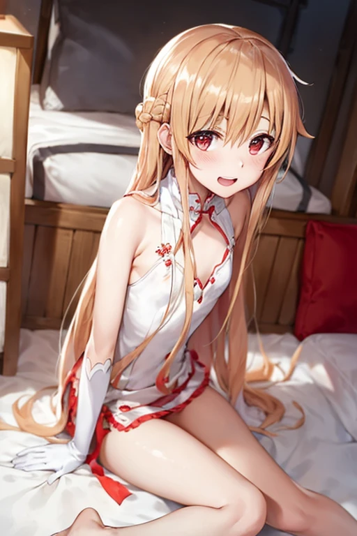 ((Best Quality)), ((masterpiece)), (be familiar with), Perfect Face, indoor, bedroom, Watching the audience,
One woman, Yuuki Asuna,
Open Mouth, Ecstatic expression, blush, smile,
Small breasts, Flat Chest, , , , Girl,
Long Hair, Long Hair,
Leg spread,