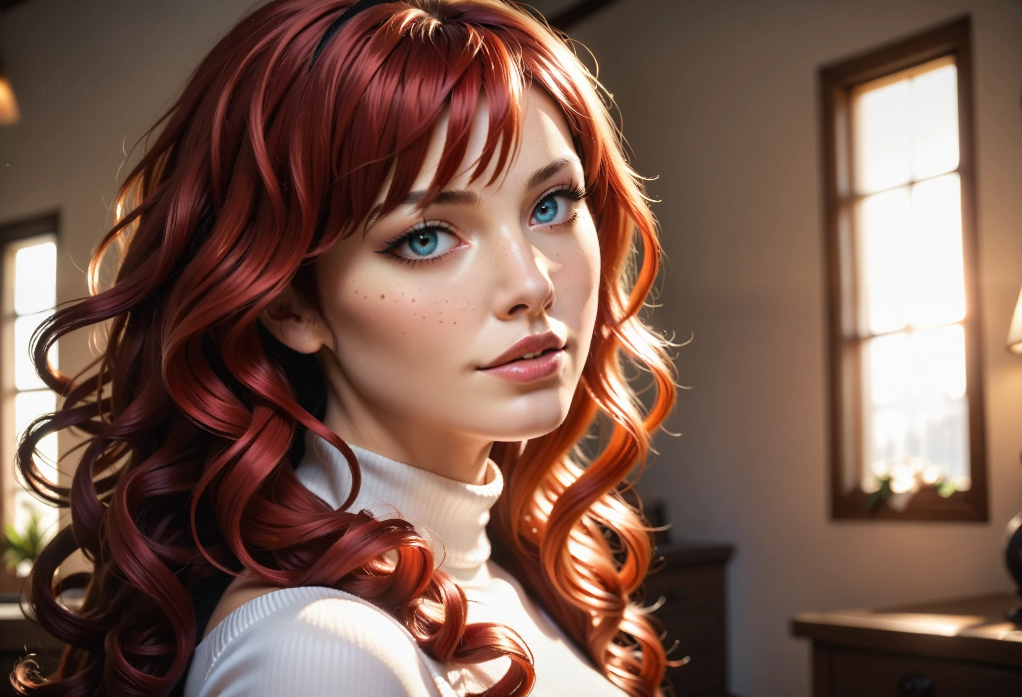 A beautiful red-haired girl with freckles, curly hair and bangs, wearing a turtleneck crop top, black stockings and a belt, (best quality,4k,8k,highres,masterpiece:1.2),ultra-detailed,(realistic,photorealistic,photo-realistic:1.37),detailed eyes,beautiful detailed lips,extremely detailed face,longeyelashes,1girl,fashion,portrait,beautiful lighting,warm color tones,chiaroscuro lighting,dramatic lighting