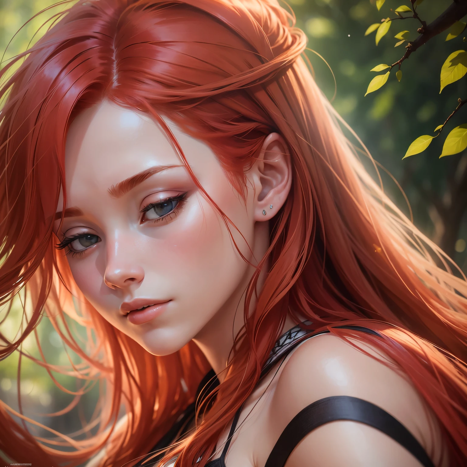 A magical princess, green slanted eyes, Waist-length red hair without frizz, beautiful body And a faithful boy just for her, This boy is slanted and has blue eyes. , white hair and pale skin , thin body but in good shape since he is his fighting partner