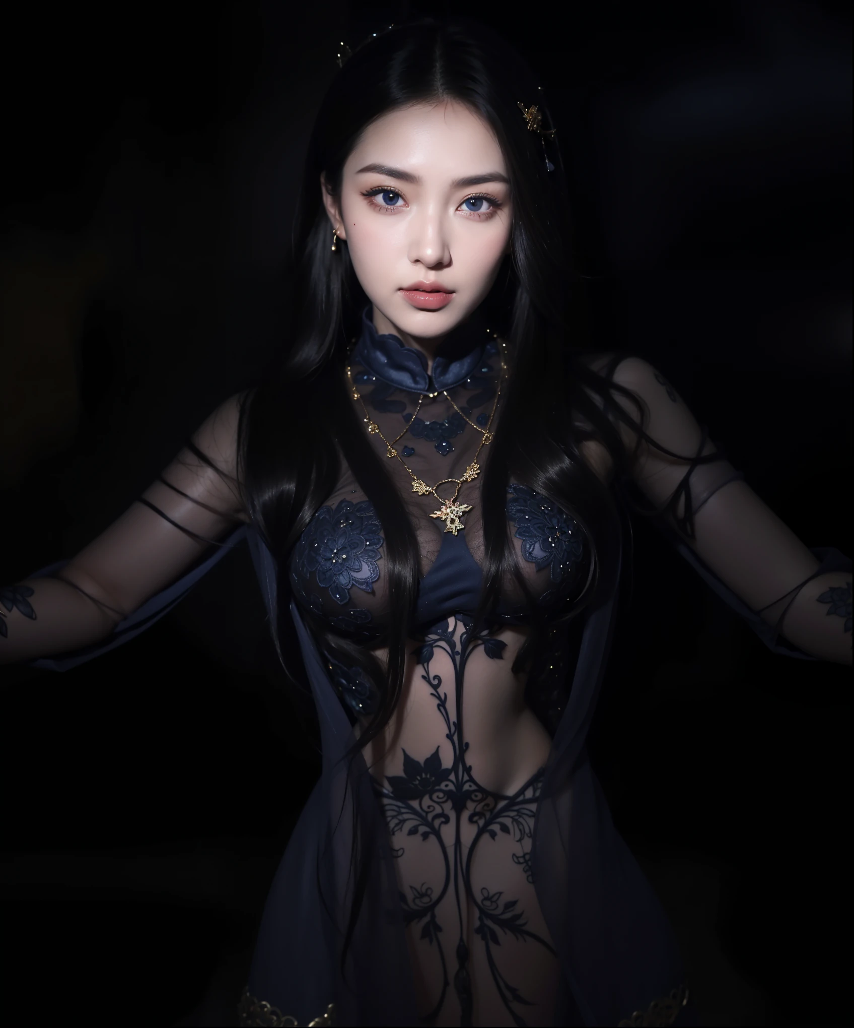 (highest quality, high resolution, masterpiece: 1.3), produces works of women that combine a dark and mad world with a focus on black with intense fantasy elements in high quality. She has a creepy and attractive figure, and the black fashion style that wraps around her whole body highlights her personality. The background is a fantastic fantasy world, with eerie magical lights dancing and strange creatures and magical plants. Her figure is mysterious, with a brilliant blend of dark vibes and fantasy essence. The effects of light and shadow are skillfully presented, and the details of the black costume and her face and expression are meticulously drawn. The fantasy element intensifies even more, and a magical light envelops her. The overall atmosphere is mysterious and enchanting, yet it has its own artistic touch. The black and dark tones of this work stand out, which will evoke visual stimulation and aesthetic sensation, giving the viewer interest and mysterious charm. We create high-quality works that weave fantasy elements into a dark and mad worldview. Her eerie and charming figure and fantastic background will make a deep impression on the viewer as a unique work of art.