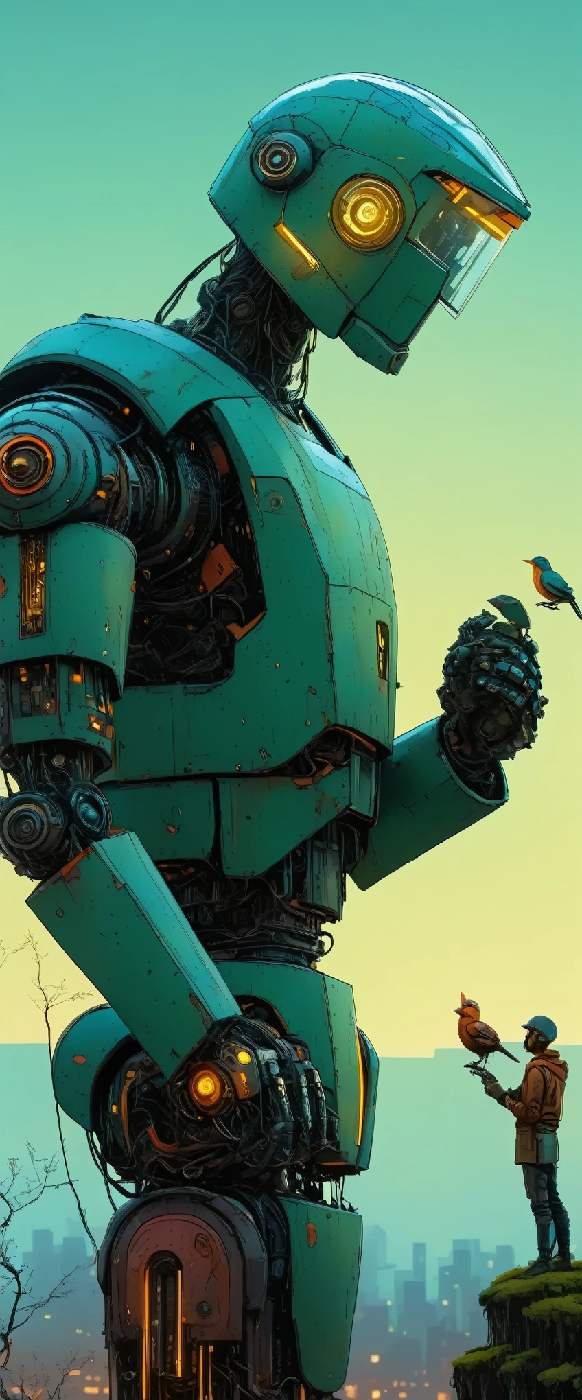 High quality HD 4k color flat drawing by Moebius: Close-up of a giant robot looking at a bird held in its hand , (Clear glass helmet ), The robot is old with moss on its rusty armor., Evening, , dramatic lighting , gradient pop surrealism , [(details:1.2): [ (many small details:1.3) : [ (many ultrasmall details: 1.2):(Ultra-small edges and highly detailed micro-relief..:1.5):0.7 ]: 0.4 ] :0.2]