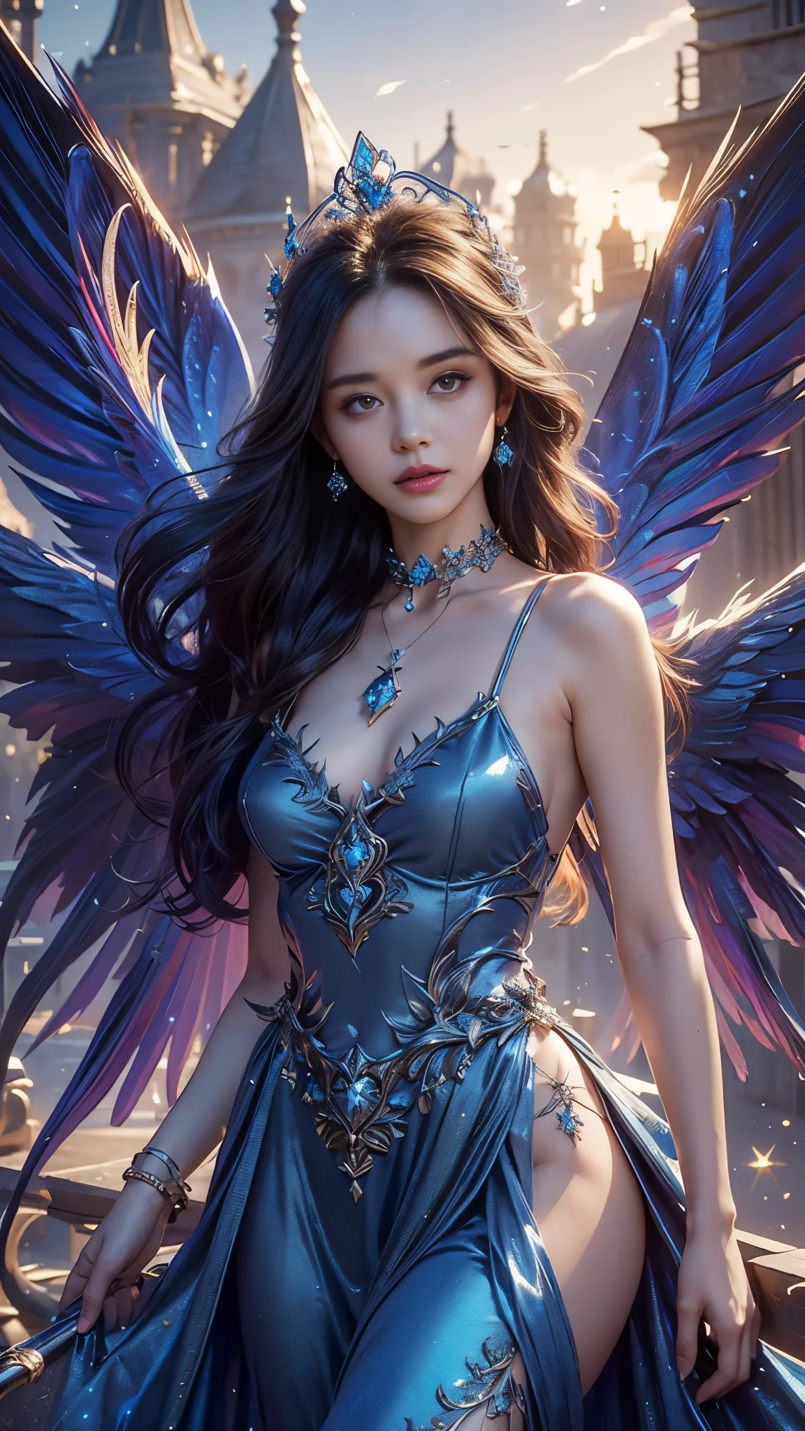 (((masterpiece))), (((best quality))), ((ultra-detailed)),(highly detailed CG illustration), ((an extremely delicate and beautiful)),cinematic light, Create a stunning fantasy artwork that mimics the style of currently trending masters of the genre. The art piece should contain elements of both mythic fantasy and fairytale fantasy with dreamy rainbow accents. ((Utilize the rainbow as the main color scheme.)) The character in the artwork is a delicate but strong figure with an aura of mystery and magic and (beautiful translucent rainbow wings). Pay close attention to intricate facial features, such as mesmerizing eyes with vibrant colors and bold shading. The character's clothing should be designed with gossamer feathers, silk, stunning embroidery, and subtle iridescent details. Incorporate (((translucent rainbows))), dreamy colors, dynamic lighting, and detailed background elements to create a sense of awe and immersion. Include colorful flying magical birds and jewel-toned rainbow butterflies radiating a magical aura. Consider the latest trends in fantasy art, such as incorporating unique lighting effects, exploring dynamic and compelling composition techniques, and experimenting with unique color palettes. Take inspiration from the top artists on ArtStation and Midjourney. camera: Choose an angle that highlights the character's beauty and enhances the magical majesty of the artwork. Lighting: Utilize atmospheric lighting techniques to create depth and mood. Resolution: Aim for a high-resolution artwork to showcase intricate details and clarity. Art Inspirations: Seek inspiration from the trending artists on ArtStation, exploring different styles, genres, and themes.,A simple background,The main girl is super beautiful,Are thin,Slim figure,Small Bust,Beautiful long and slender eyes,Korean Beautiful Girl,Genius Ballerina,Angel's messenger beautiful girl,Slim figure,