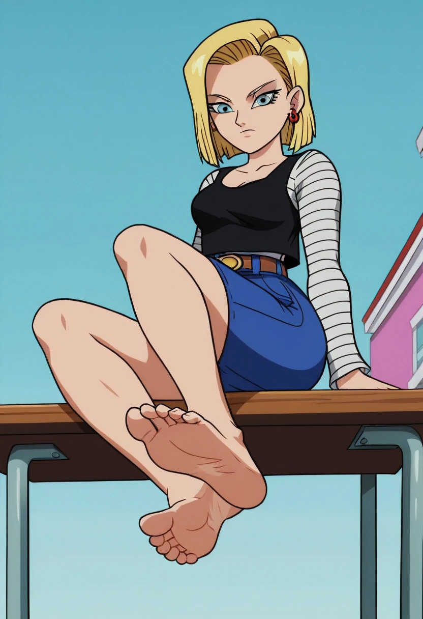 masterpiece, detailed face, retro artstyle, 1990s \(style\), android 18, classic look, 1girl, solo, looking at viewer, short hair, blue eyes, blonde hair, collarbone, sitting on rubble, spread legs, squatting, white plain panties, showing off her panties, The center of the panties is stained, ruined city, wet hair, black shirt, striped sleeves, belt, denim skirt, brown boots