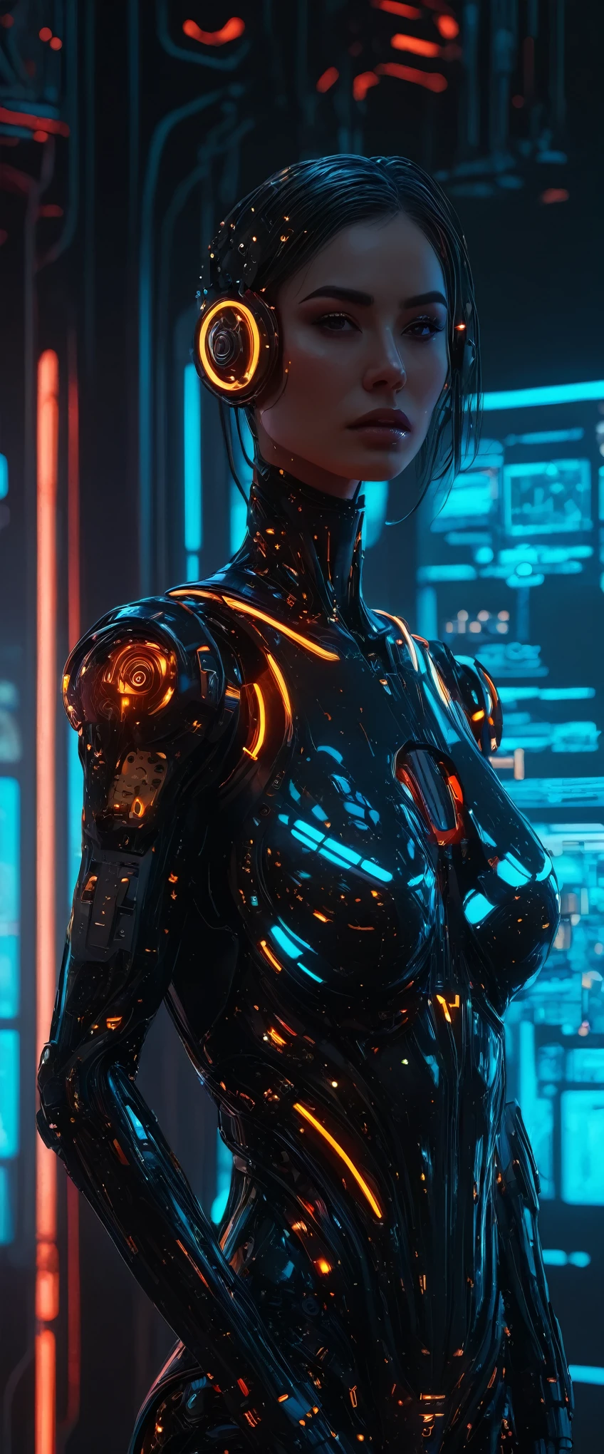 full body, plano general, Anatomically correct, anime style:1.5, A female cyborg connects circuit terminals, Of course,(best quality,4k,8K,high resolution,masterpiece:1.2),ultra detailed,sharp focus,( beautiful detailed eyes, beautiful and detailed lips, Extremely detailed face and skin, long eyelashes, futuristic cybernetic implants, bright energy effects, intricate mechanical details, neon lights, dark sci-fi atmosphere, cinematic lighting, arte digital, muted color palette, dramatic shadows, 8K, highest quality, masterpiece