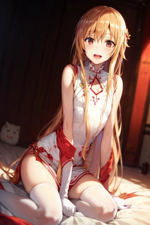 ((Best Quality)), ((masterpiece)), (be familiar with), Perfect Face, indoor, bedroom, Watching the audience,
One woman, Yuuki Asuna,
Open Mouth, Ecstatic expression, blush, smile,
Small breasts, Flat Chest, , , , Girl,
Long Hair, Long Hair,
Leg spread,