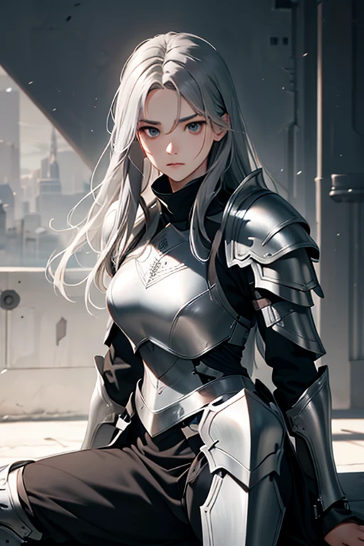 knee shot,female, gray hair, gray eyes, medium-length hair, armor, 170 cm, A quiet woman, Expressionless, Chic, tough, Attention!, frontal