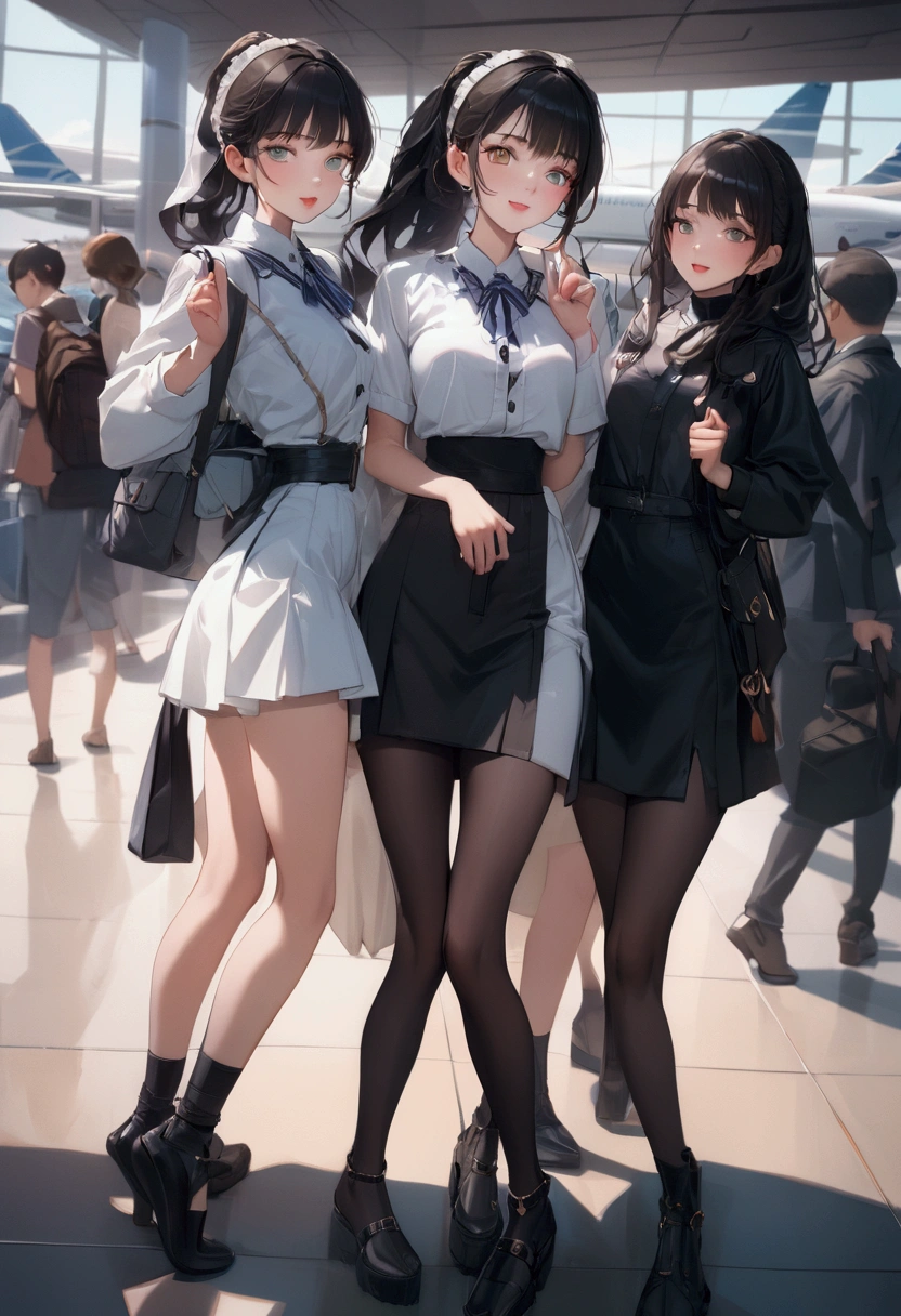 Highest quality, Ultra-high resolution, (Realistic: )2D official style cel animation,((Two girls are sitting in a row with their hands making peace signs))Grey suit、Grey tight mini skirt,(Lace panties)High heels,全身Portrait,Commuter train chair,sunny,Embarrassed face,front、Portrait