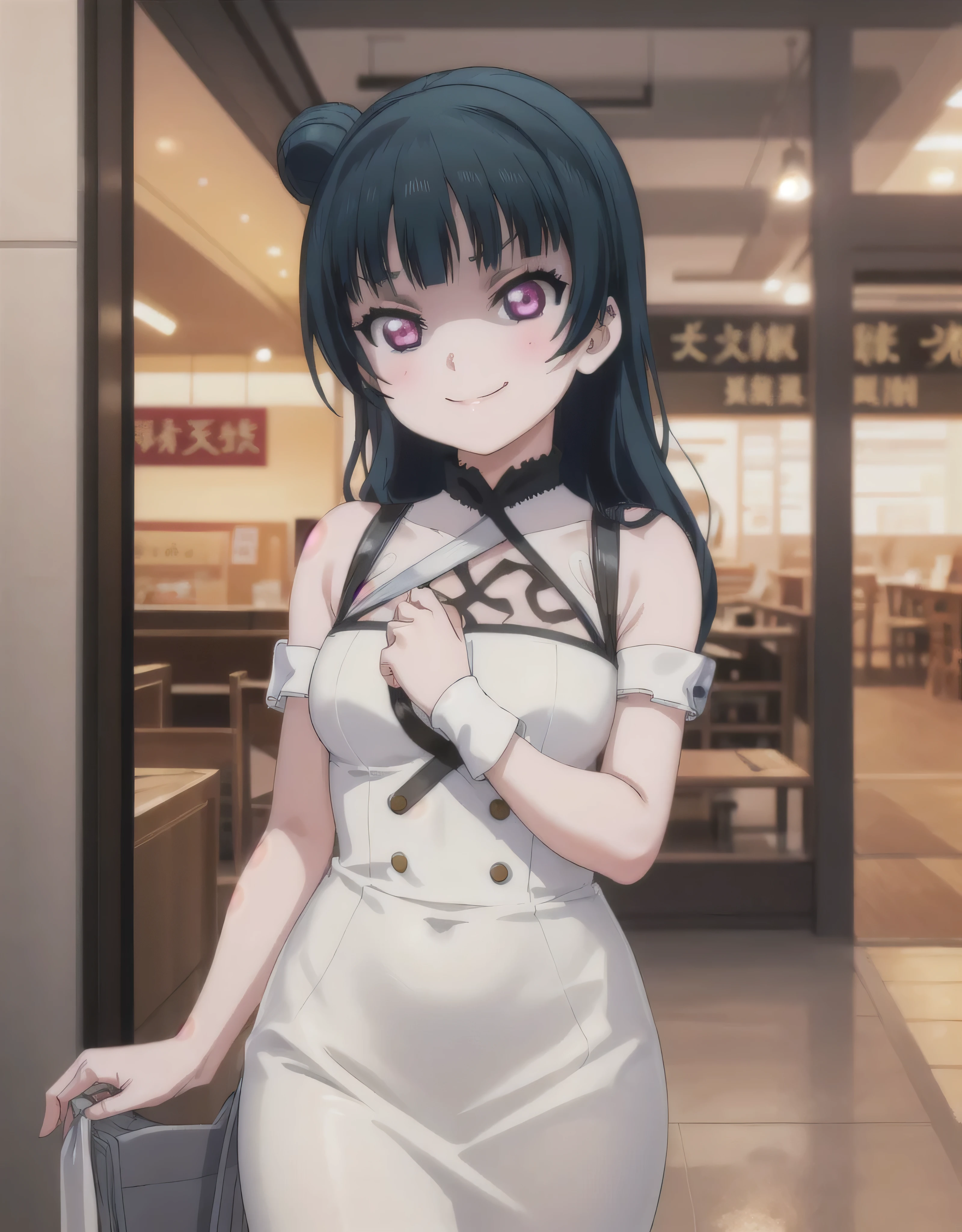 (masterpiece, best quality), 1girl, yoshiko tsushima,latex,evil smirk,