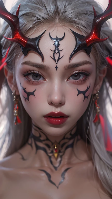 1 beautiful devil woman from hell, surreal female portrait by David Hockney and Alphonse Mucha, fantasy art, chinese doll, photorealism, dynamic lighting, artstation, poster, volumetric lighting, very detailed faces, 8k ultra, awarded, in the dark, low key, cowboy lens, (Red phoenix dress: 1.0), long hair, black hair, bust, devil's Palace, devil crown, red eyes make up very sharp and detailed, the most beautiful face, the breasts are very big and round and round, super realistic, chinese women's clothing, polo neck sweater, charming smile, the eyes are very well made up, ((bloodshot eyes:0.9)), guweiz, ((devil style:1.0)), (((the beautiful demon woman face has veins of blood floating on her face:0.8))), wearing black mesh socks, ponytail with a bow tied at the back of the hair, plump and beautiful red lips, wearing a thin red and black robe, Hands pull the straps to reveal sexy breasts, the landscape is overcast and thunderous, (upper body portrait), close-up of the main character, (detailed spooky background:0.8), HDR, UHD, 8kquality, detailed pixel, facing the beautiful girl, looking at the girl body,