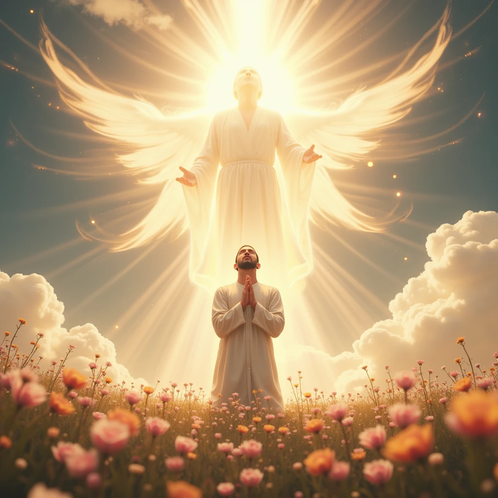 Man Praying to Heaven Standing on His Knees, In the sky, the silhouette of a man in a white velvet robe, light as a feather, radiates sunlight, kindness, Bright Lumens, Gives Warmth, The Touch of His Hand Illuminates the World, and the flowers bloom Deity, masterpiece, 8 k, many details, realism, cinematic style,