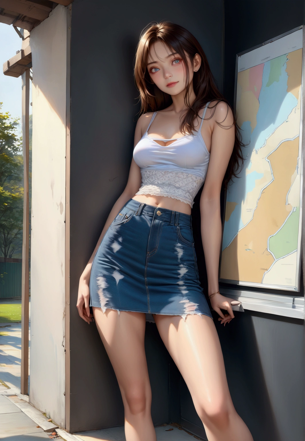 realistic anime illustration of beautiful asian woman under the sunset, she is posing in front of diamond wire mesh chain link Gate, she has brown-blonde long hair with swept-side bangs, wears black bra, overlay with white long sleeve closed buttoned crop fishnet , blue-gray denim pencil mini skirt, black sneakers, (1girl, solo, full body), (masterpiece, best quality, japanese anime style), (expressive eyes, perfect face)