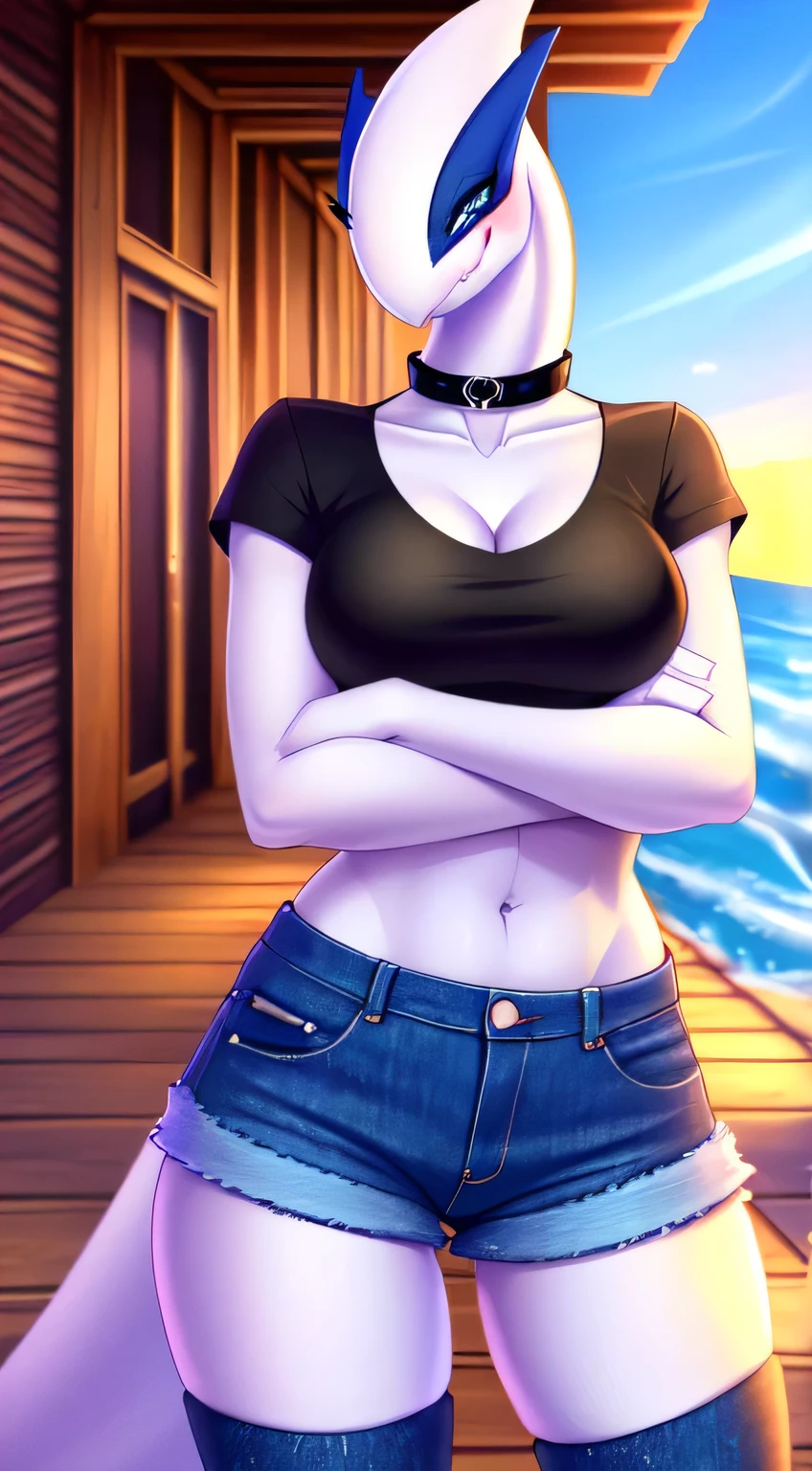 (by ancesra:1.6, by valkoinen, by yourdigimongirl, by doomxthewolf, by smitty g), beautiful, masterpiece, detailed background, best quality, detailed image, colorfull, vibrant colors, (((boardwalk background))), ((street vendors in background)), detailed face, perfect lighting, perfect shadows, perfect eyes, girl focus, perfect hair, blue eyes, perfect face, gorgeous body, hourglass body, shiny body, 1girl, solo, choker, lugia, claws, colored sclera, anthro female, digimon (creature), looking at viewer, ((black t-shirt)), cleavage, ((distressed denim shorts)), black thigh-high socks, perfect anatomy, shy smile, blush, cute eyes, half-closed eyes, cute pose, perfect hands, ((black collar)), ((hands clasped together)), smiling at you, looking into your eyes