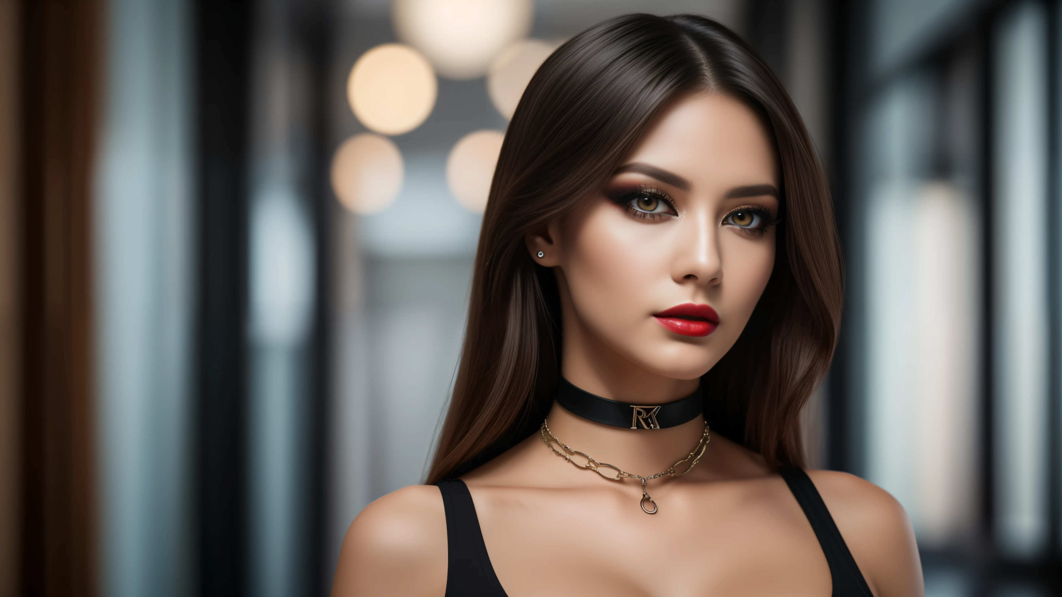 Close up of a ((stunning)) woman, thin black choker, 4K, high quality, masterpiece, ethereal,(looking straight at the camera:1.4),realistic skin texture, (moist full lips), perfect face, high ponytail, seductive eyes, sexy